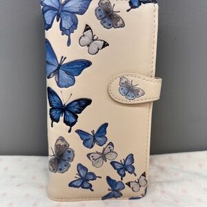 Cream Butterfly Print Wallet with Snap Closure